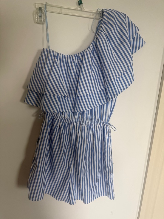 MOD Blue Striped One Shoulder Romper Ruffle Detail | Summer Vacation Size S - Picture 5 of 5